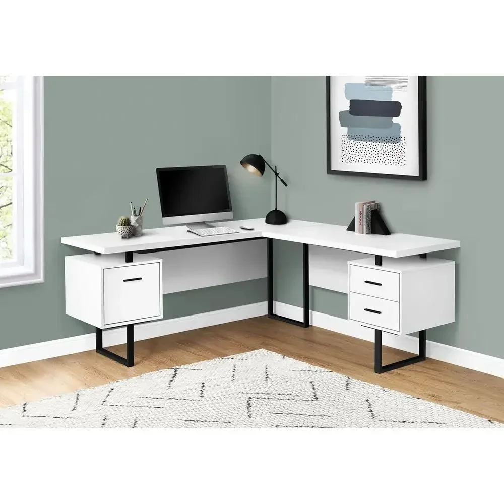 7616 L-Shaped Home Office Desk with Storage, 70 Long, Suitable for Laptops, Metal Frame, Laminate Surface in White and Black