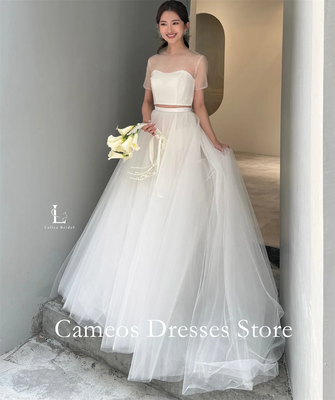 

SONDR Customized Two Pieces O-Neck Wedding Dresses Simple A-Line Tulle Elegant Korea Brides Gowns Women Bridal Dresses