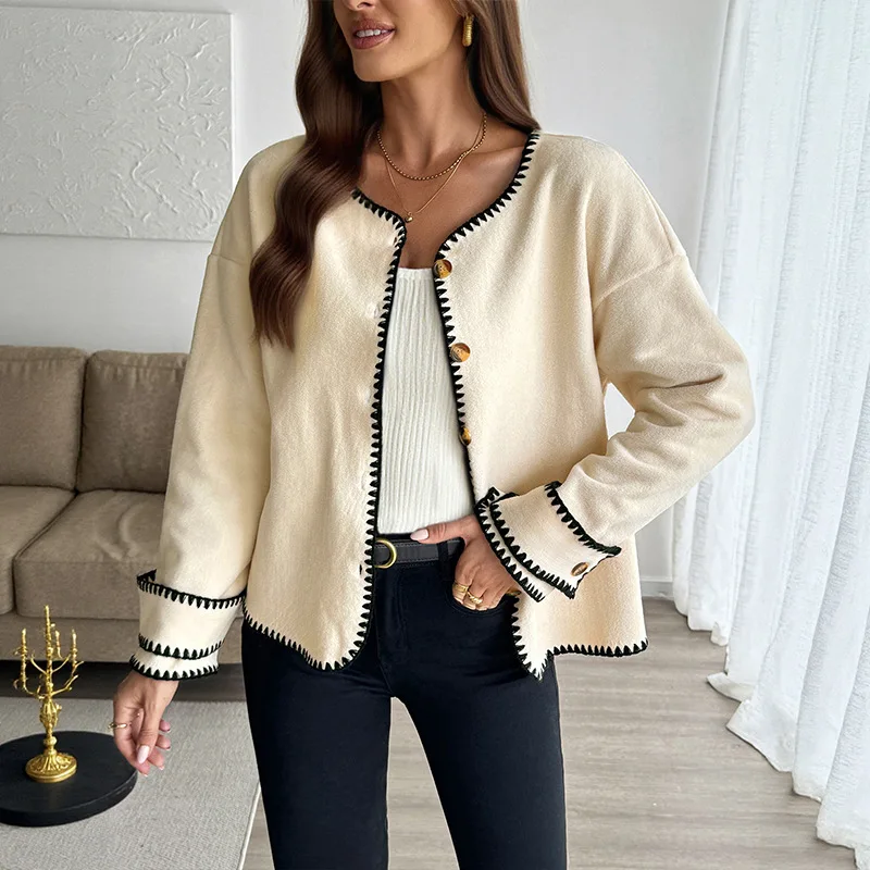 2026 New Fall/Winter Casual Tricot Colorblock Edge Open Cardigan Women's Loose Fleece Crewneck Jacket