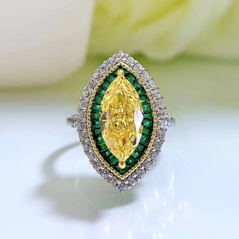 

Citrine Emerald Wedding Ring for Women's Gift Marquise 925 Sterling Silver Luxury Wedding Lady Fine Jewelry Gift 6x13mm