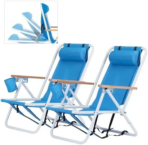 Folding Beach Chair Adjustable Headrest w/4 Flexible Tilt Angle, Cup Holder Portable High Strength Cleanable Fabric