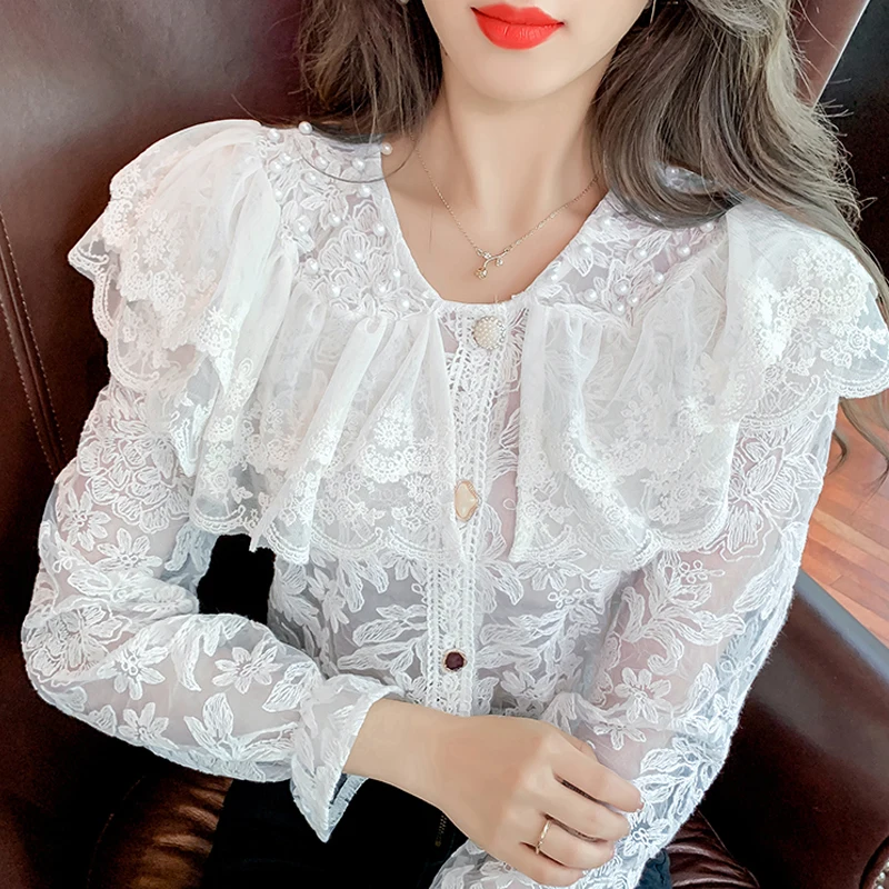 

Elegant Lace Ruffles Women Blouses Tops Sweet Vintage Buttons Long Sleeve Shirt Office Lady Embroidery White Blouse Blusas 16992