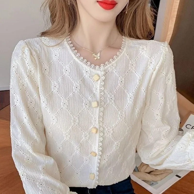 Casual Office Lace Flower Side Blouse Women New Long Sleeve Classic Embroidered Personality Button O-collar Slim Lady Shirt 2022