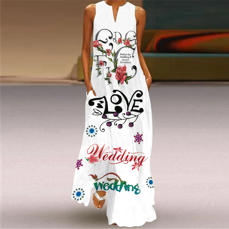 

2024 new summer hot selling fashion print sleeveless abstract print fashion retro casual long skirt women's clothing