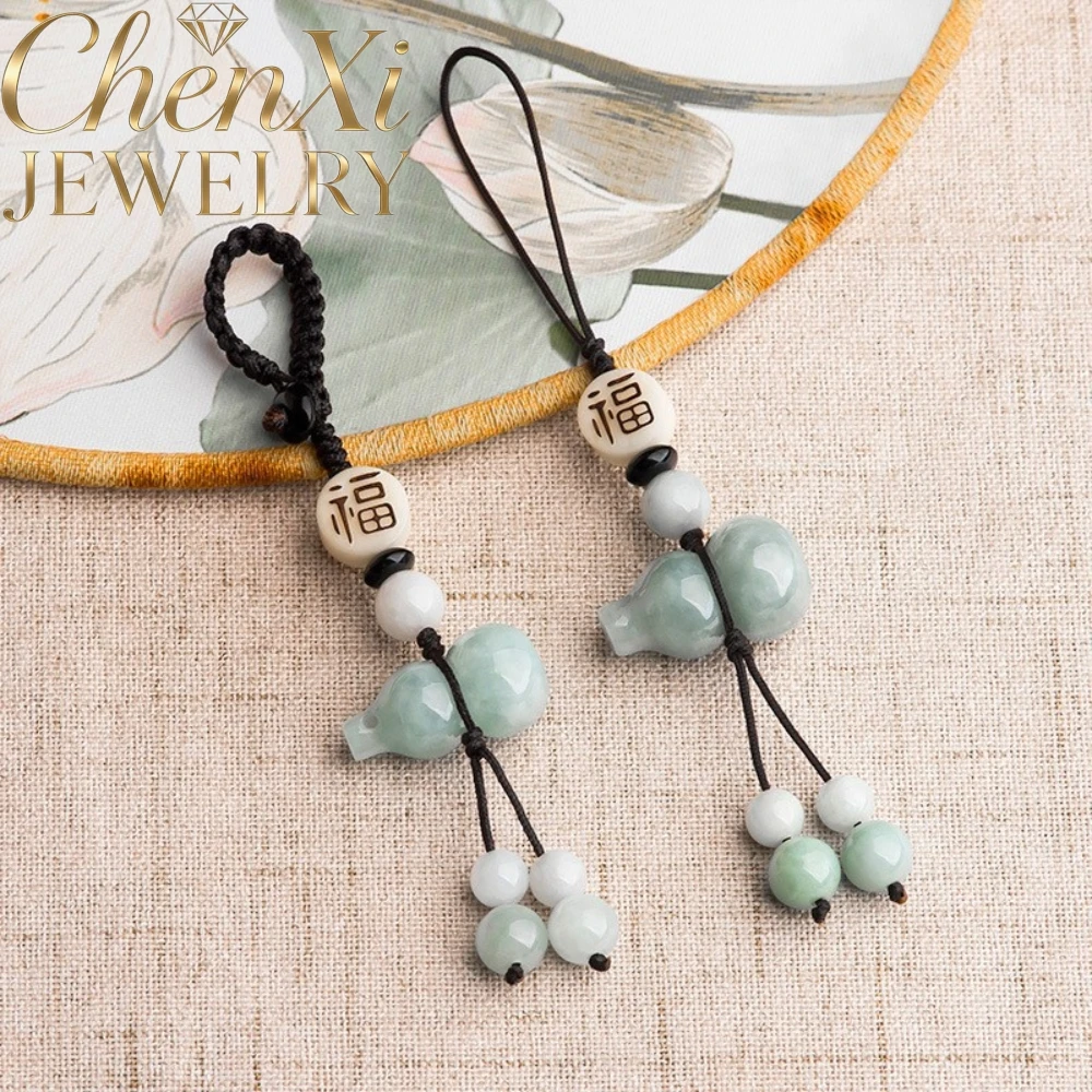 Natural Genuine A-Grade Jadeite Chinese-Style Lotus Gourd-Shaped Mobile Phone Hanger Keychain Best Popular Fashion Charms Gift