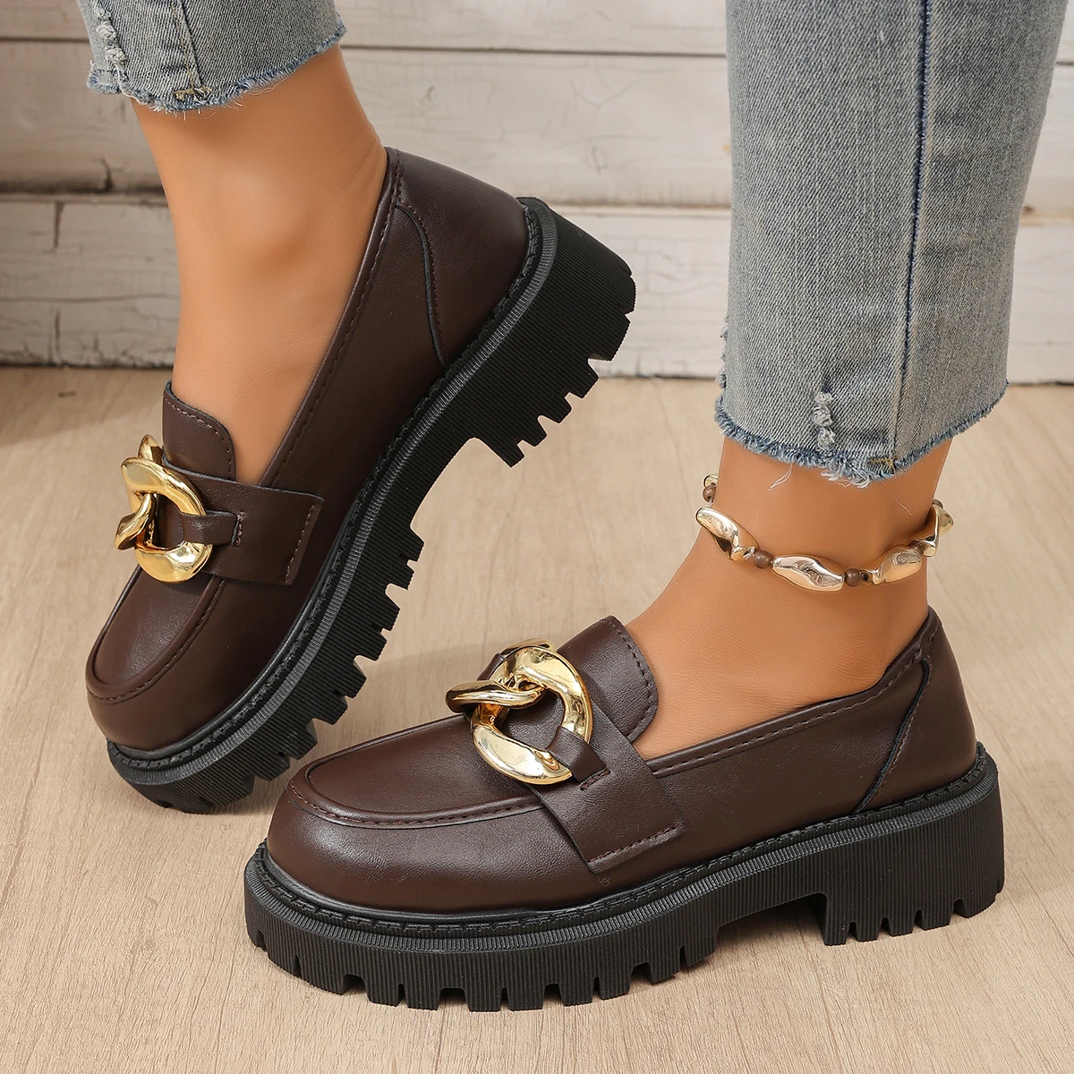 Women Platform Mary Janes Shoes 2026 Spring Autumn Flats Loafers Anti-slip Metal Chain Buckle Heels Sneakers Zapatos De Mujer