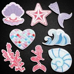 Mermaid Fish Shell Sea Animals Appliques Iron On Embroidery Patches For Clothing Sticker Applique Crab Starfish Conch Badges
