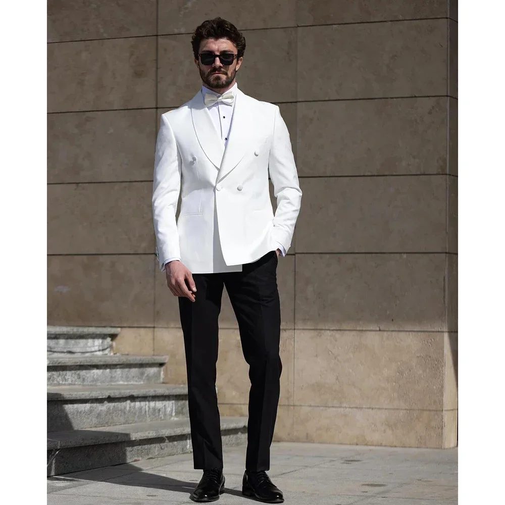 

White Blazer Black Pants Double Breasted Shawl Lapel Formal Clothing Chic Men's Suits Gentlemen Luxury Wedding Outfits Set