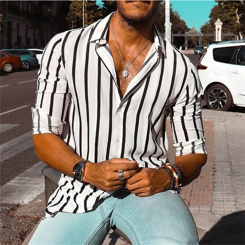 New Style Mens Shirt Button Up Shirt Summer Shirt Blue Long Sleeve Striped Lapel Resort Shirt Fashionable Casual Top Comfortable