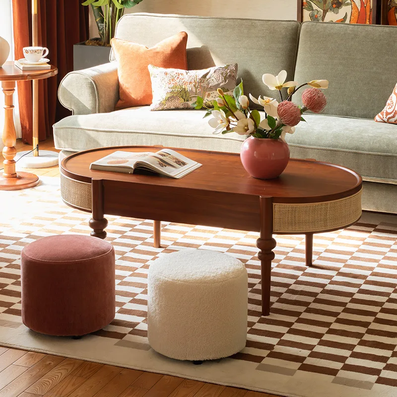 American retro oval solid wood rattan coffee table, drawer storage, small apartment, quiet living room, low table