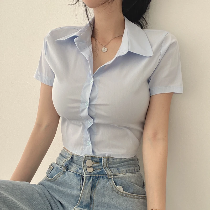 

Slim Fit Pure Color ort Sve irt Korean Sle Basic Collar Single Button Chic Summer Top for Women Commute Friendly