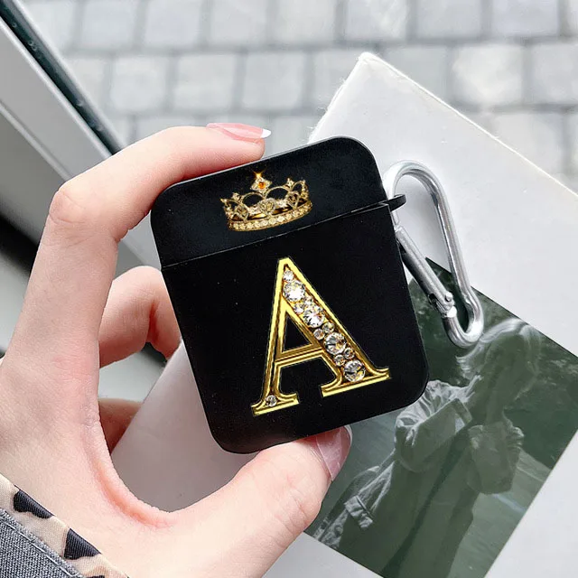 Diamond Crown Letter Airpods Case for AirPods Pro2 3 2 1 Pro Black Wireless Bluetooth Earphone Box Cute A-z Cover