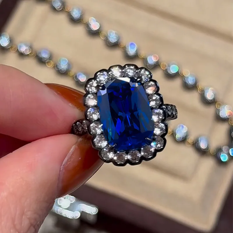 New 100% S925 Silver Royal Blue Ring Ring, 10 * 14mm Fat Square, Queen Dowager Encircled with Black Edged Wedding Jewelry