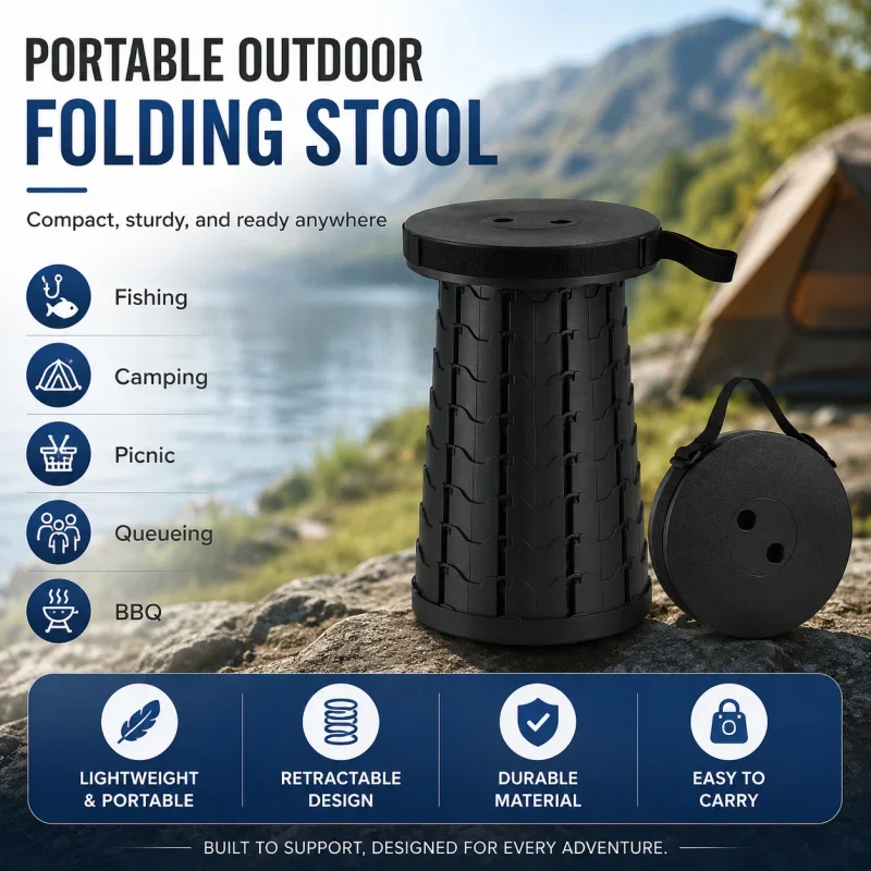 Black Foldable Fishing Chair Portable Lightweight Camping Chair with Carry Bag Outdoor Comfort Durable Support