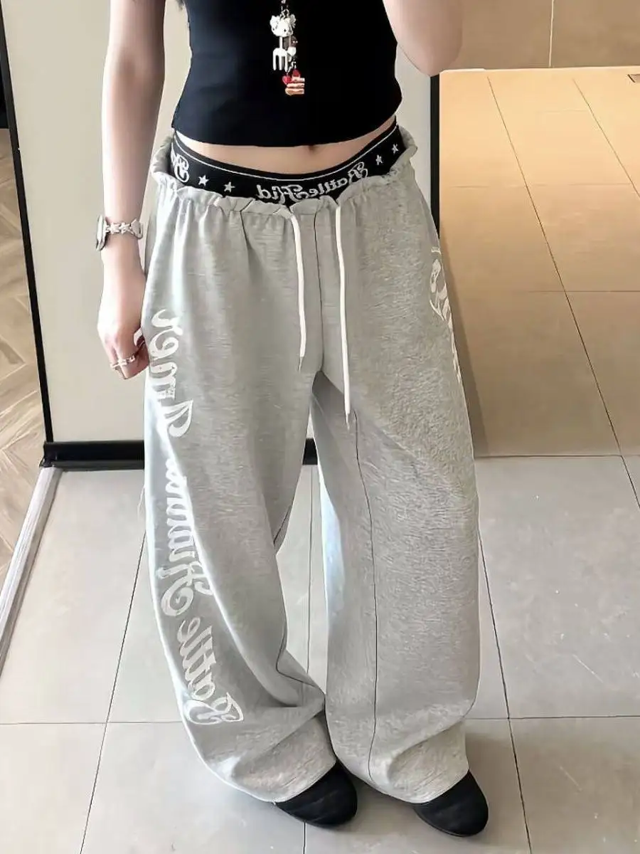 Retro American Letter Print Vintage Casual Pants Men Women Loose Wide Leg Streetwear Couple Trousers Youth Active Style