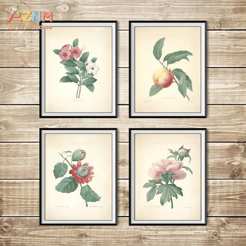 AZNM Vintage Botanical Fruit Flower Canvas Wall Art Print, Antique Peach Peony Passion Flower Retro Illustration Farmhouse Livin