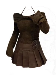 Amerykański Retro stroje 2-częściowe zestaw spódnic Gyaru głęboki dekolt Crop Top z dzianiny + wysokiej talii klasyczna plisowana spódnica 2000s estetyczna