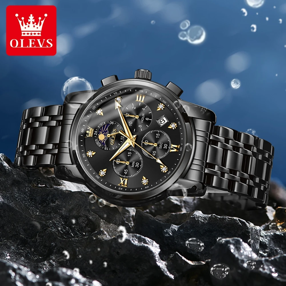 OLEVS Watches Man 3655 Stainless Steel Multifunctional Chronograph Quartz Watch Moon Phase Watches Man Box Gifts Original Reloj