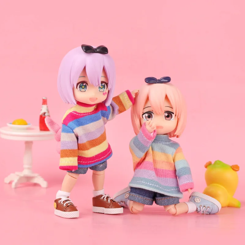 OB11 1/12 BJD GSC Rainbow Striped Doll Sweater With 3D Bear Rabbit Doll Pendant Doll Knit Top Doll Clothes Accessories Gift