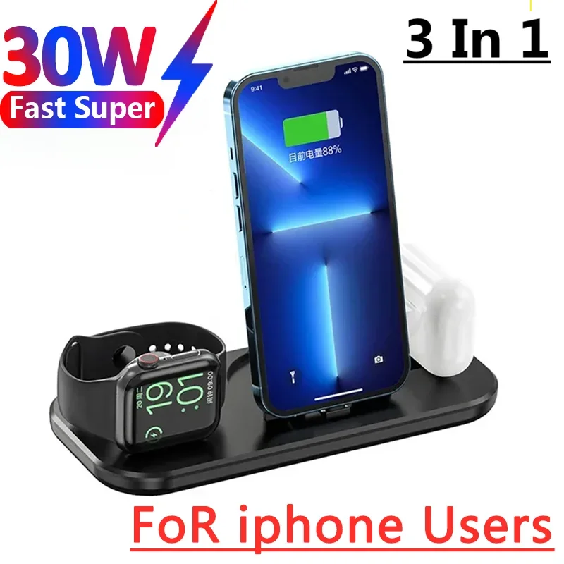 30W 3 in 1 Wireless Charger Stand Pad For iPhone 14 13 12 Apple Watch  Fast Charging Dock Station for Airpods Pro iWatch 8 7