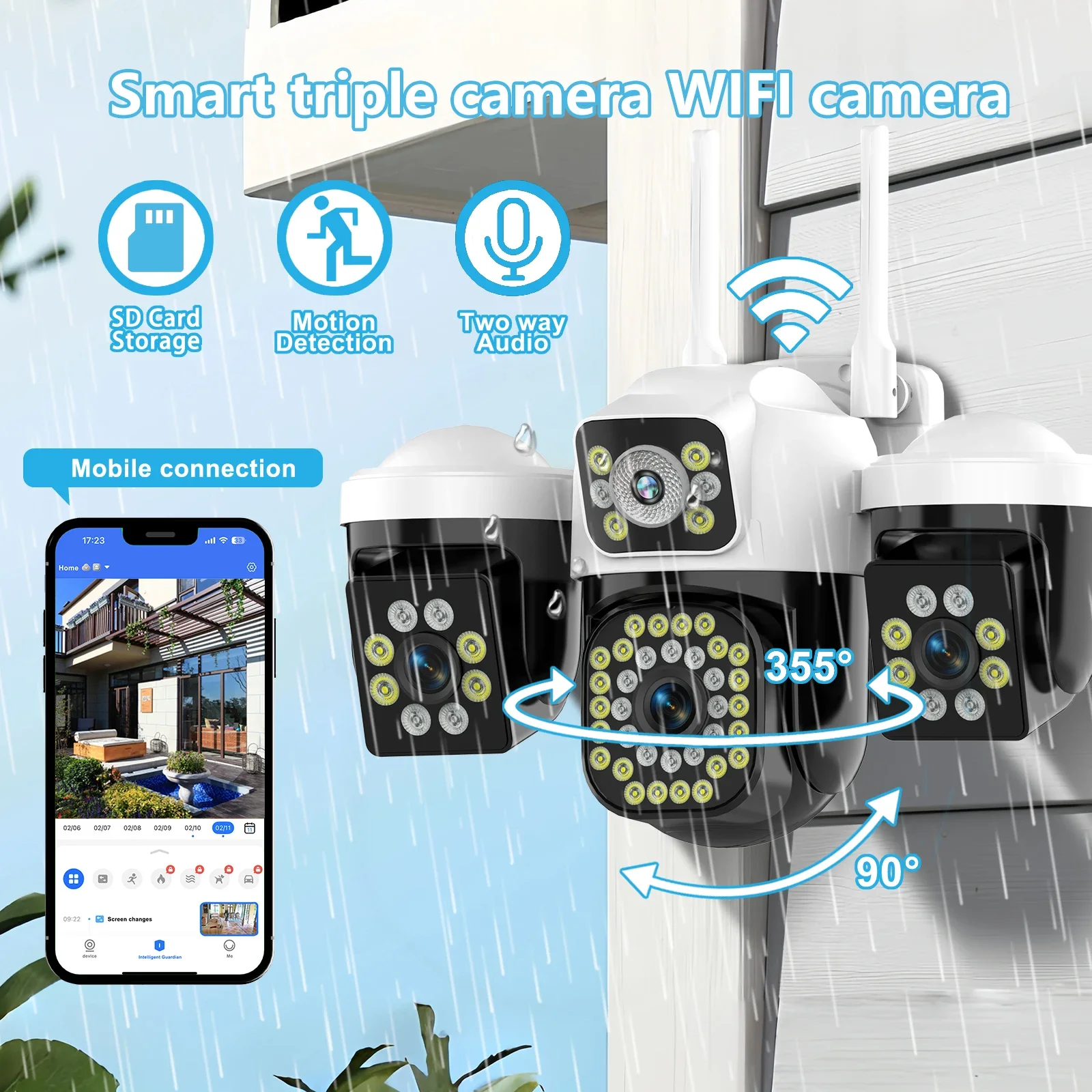 ثلاثة شاشة واي فاي كاميرا IP في الهواء الطلق 8K 15MP ثلاثة عدسة PTZ كام Ai كشف الإنسان IP66 مقاوم للماء Onvif CCTV كاميرا الأمن Yoosee