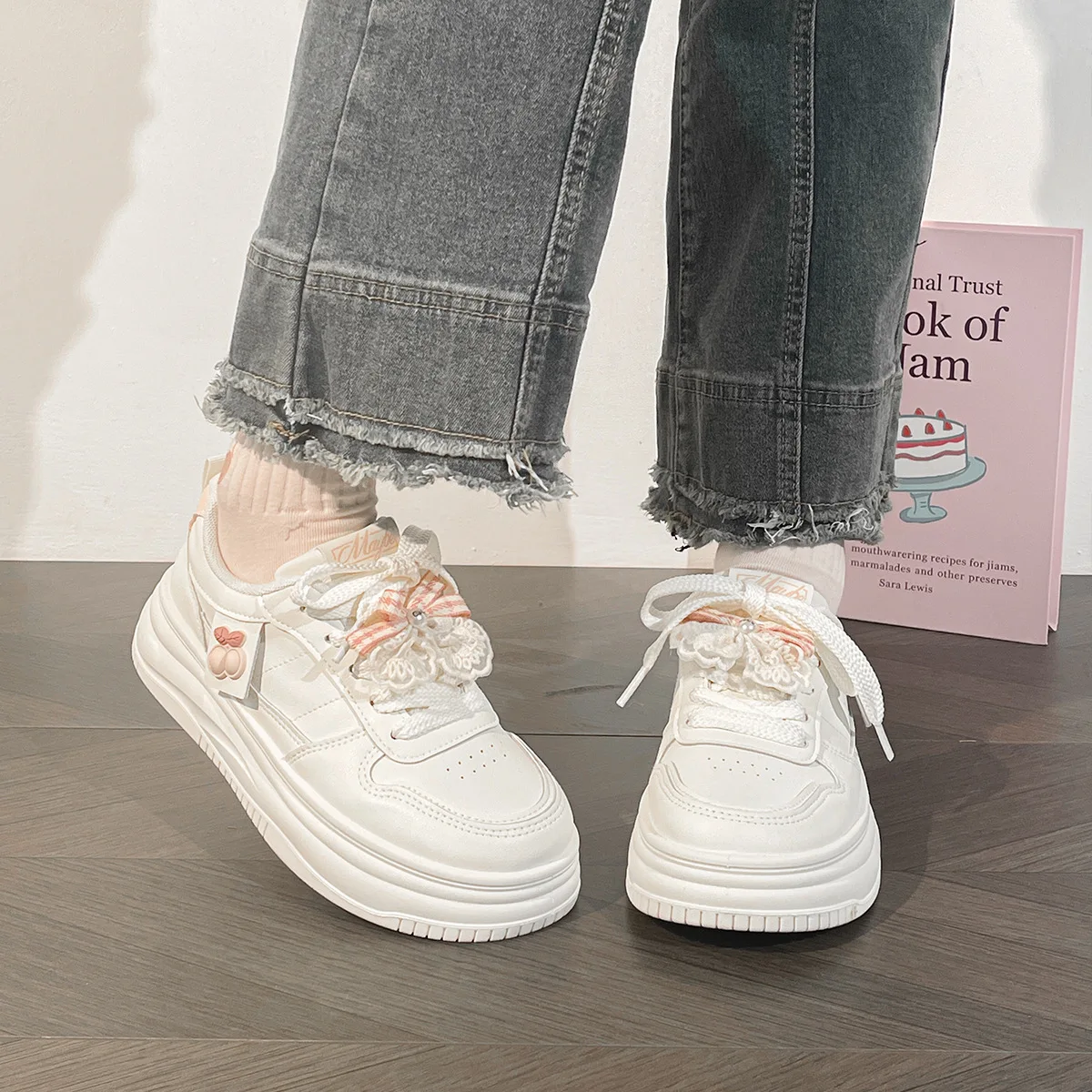 

Women's Cute Cherry Platform Sneakers - Soft Sole Comfortable, Height-Increasing, Unique Design, Student Versatile Shoes