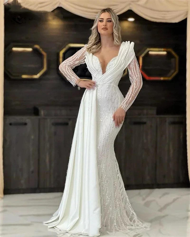 

Dubai Arabic Sequins Beaded Formal Long Sleeves Evening Dresses Mermaid Ivory Side Train Wedding Party Dress Robes Prom Gowns