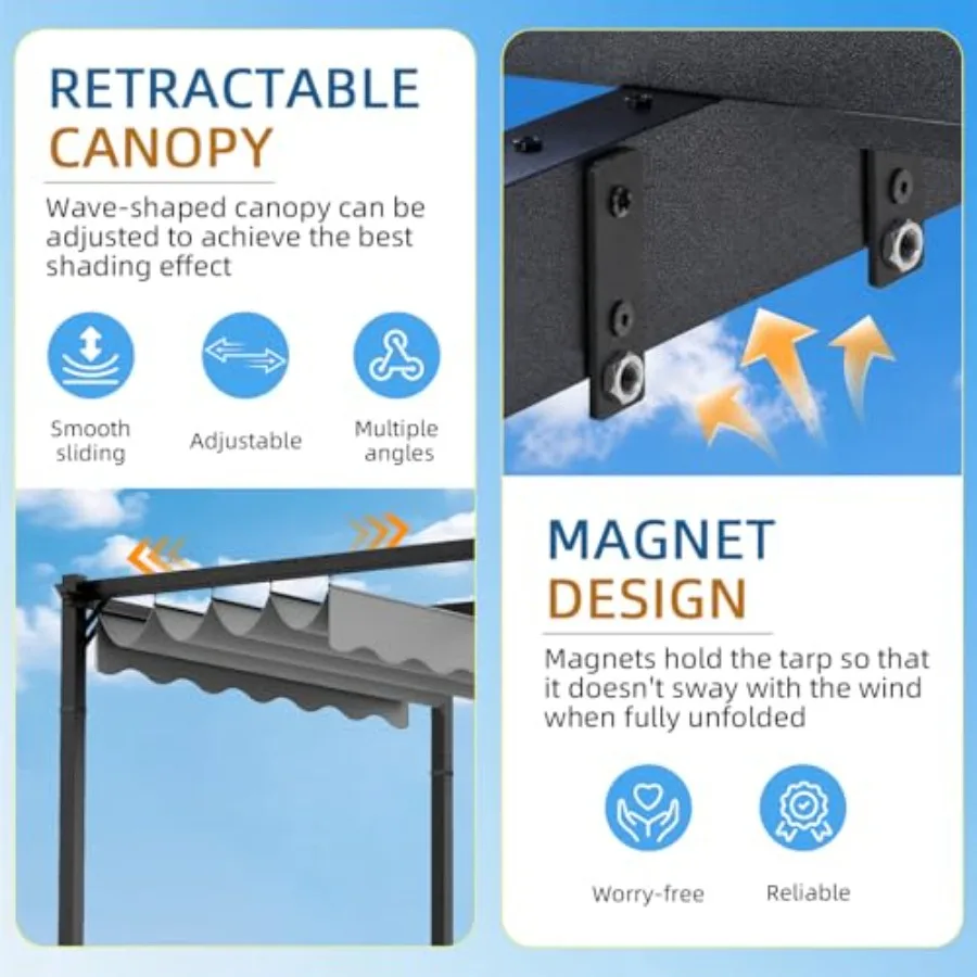 10' x 12' Retractable Pergola, Rust-Resistant Aluminum Patio Gazebo with Retractable Wave Sun Shade, Patio Covers for Shade and