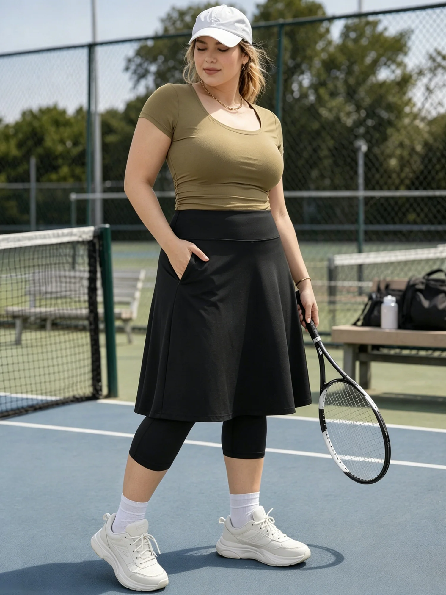 Plus Skirted Capris Skorts Women Long Knee Length Skirt with Capris Leggings,Skirted Leggings with High Waisted Zipper Pockets - view 2