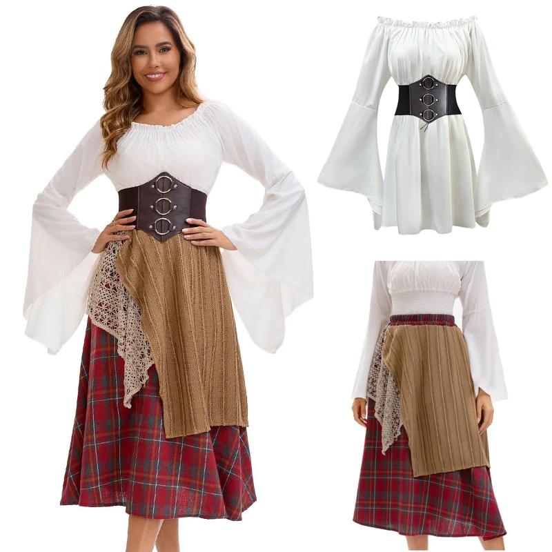 

Medieval Irregular Word Plaid Long Skirt Splicing Skirt Retro Niche Design Sense Literary Stage Role Performance Clothing