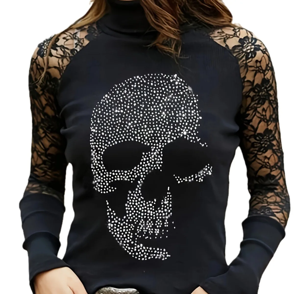 Fashion Women Top Black High Collar Long Sleeve Summer Zircon Skull Head Lace Sexy Slim Breathable Personality Ladies Y2K Clothe