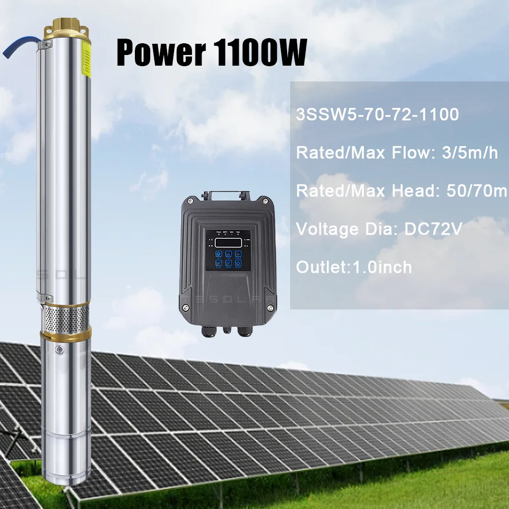 1100W DC48V Solar Deep Well Water Pump MPPT Controller Stainless Steel Brushless Submersible Pump for Irrigation Head 100M