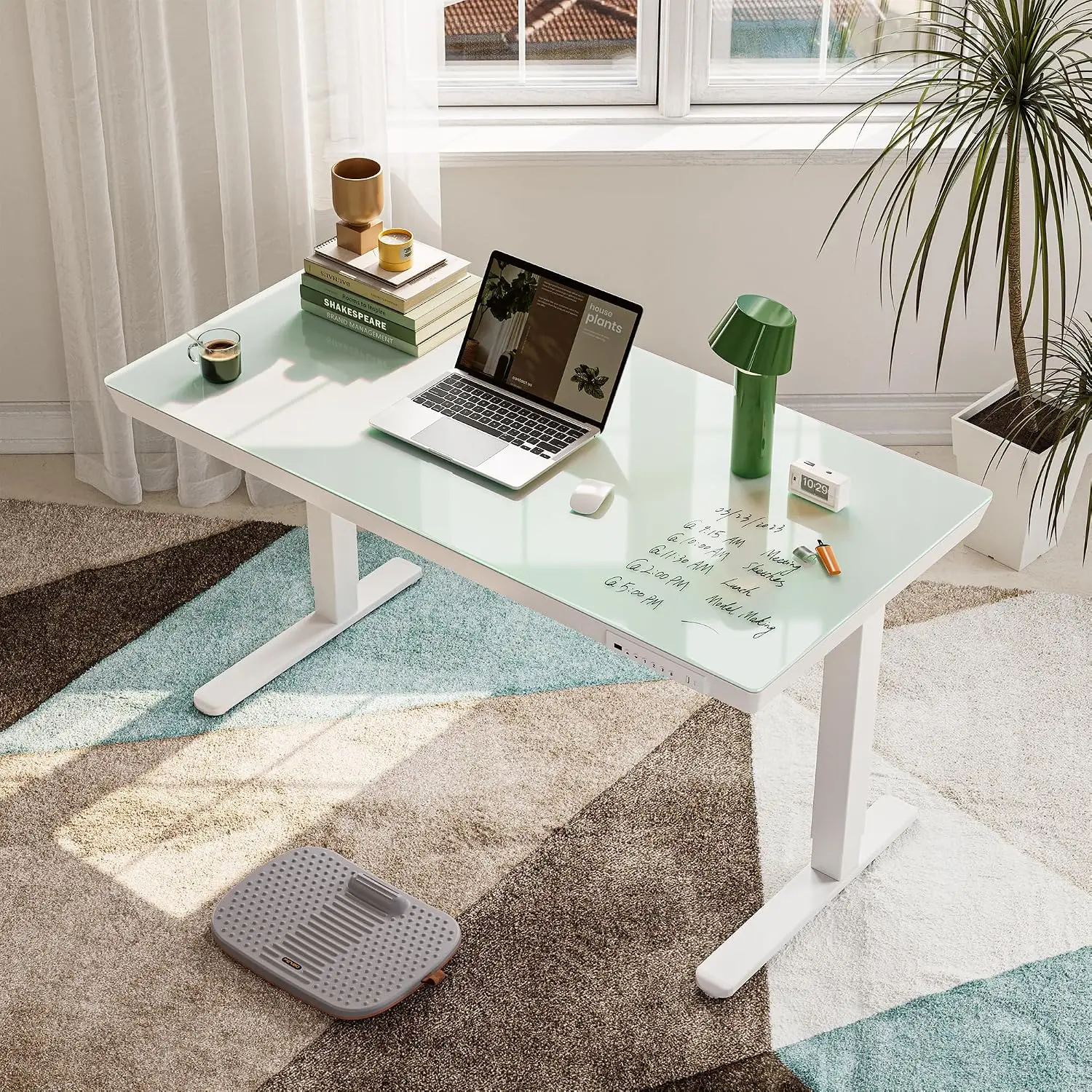 Whole Piece Glass Electric Standing Desk 48×24 Sit Stand Height Adjustable Drawers One Piece Quick Install White