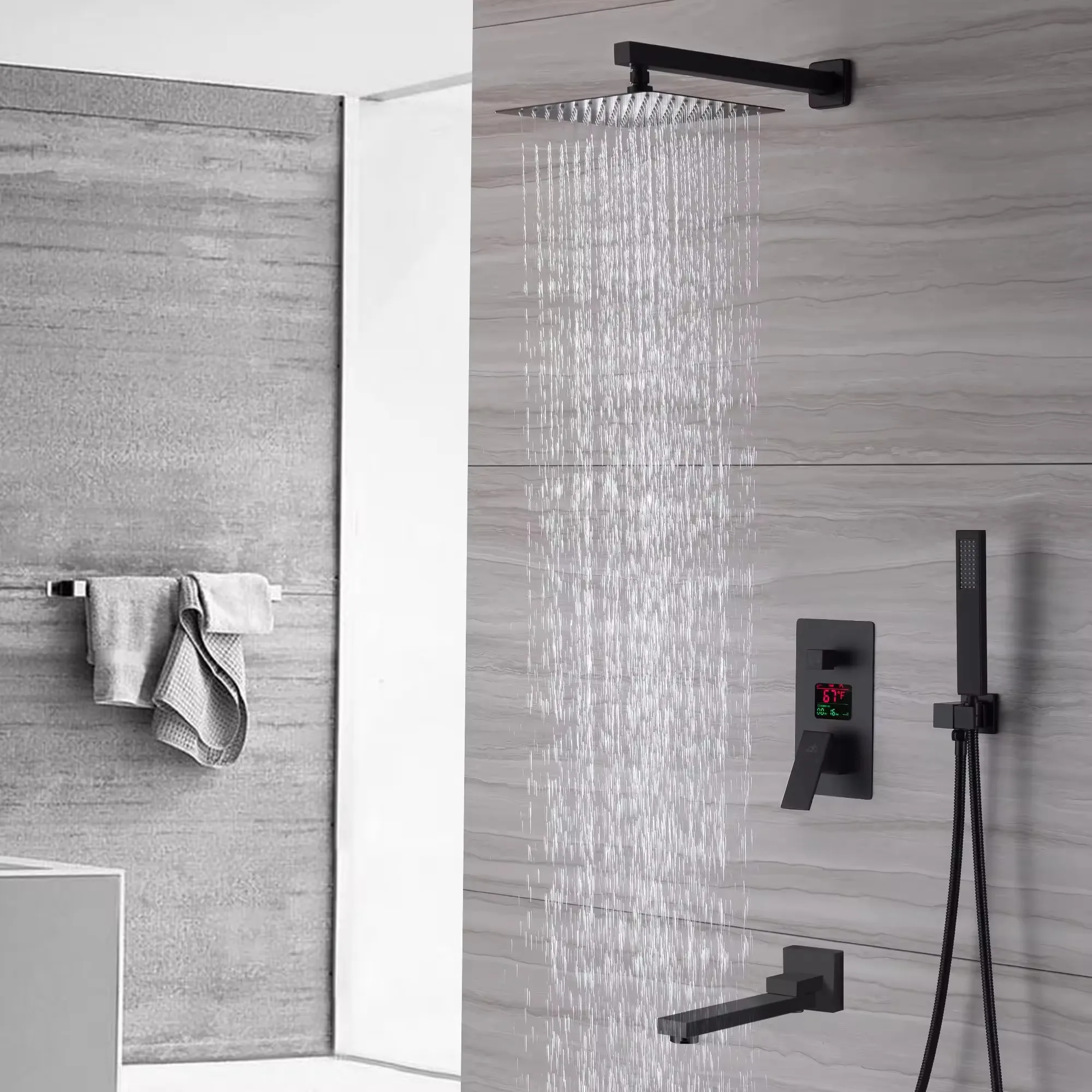 

Luxury Black Metallic Shower Set Smart Bathroom Shower Set With Waterfall Faucet LED