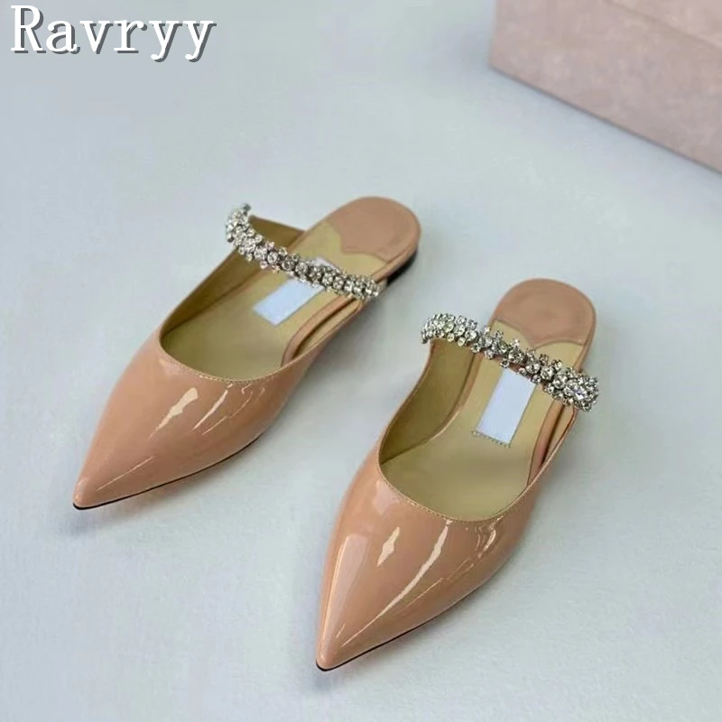 

Luxury Pointed Toe Crystal Embellished Slippers Women Flat Bottomed Shallow Patent Leather Muller Summer New High Heel Sandals