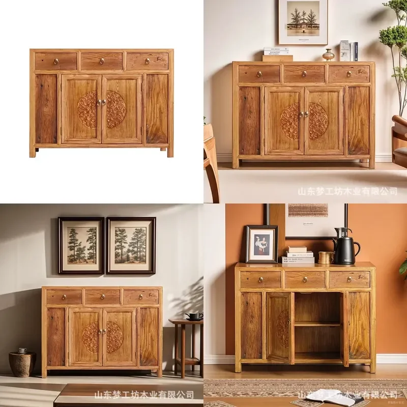 New Chinese Style Aged Elm Dining Sideboard Entryway Shoe Cabinet Multi Grid Storage Locker for Living Room Bar
