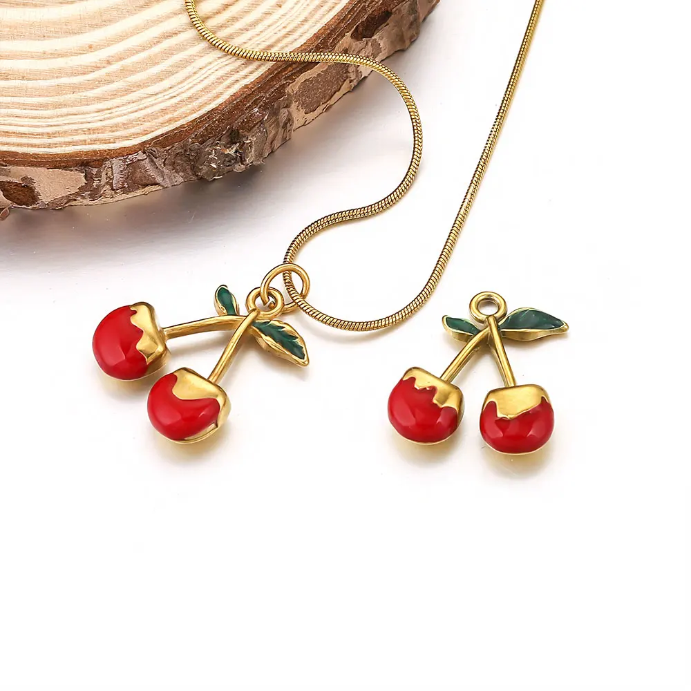 5pcs/lot Stainless Steel Cherry Charm Enamel Gold-plated for DIY Necklace Earring Jewelry Making Accessories Materials Wholesale