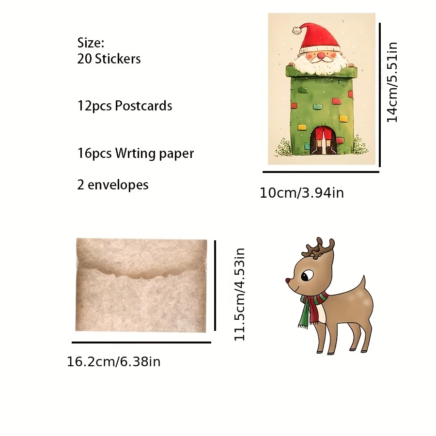 12 بطاقة + 16 ورق حروف + 2 مغلف + 20 ملصقًا مانع للتسرب لعيد الميلاد أنماط موضوع بطاقة بريدية لعيد الميلاد وعطلات ديكور العلم والحرف اليدوية #4