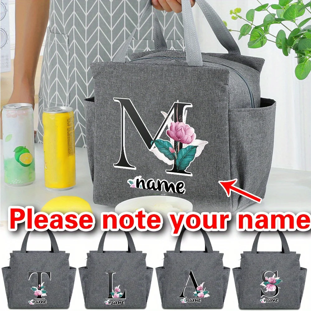 Customized Name Insulated Grey Lunch Bag Personalized Aluminum Foil Bento Black Letter Lunch Bag Insulated Picnic Food Bag