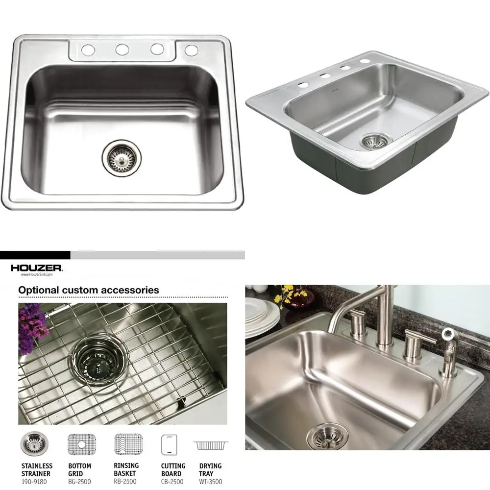 

Houzer 2522-9BS4-C Glowtone 25 Inch Stainless Steel Kitchen Sink, 4 Hole, Drop-In, Topmount, 18-Gauge T304 Stainless Steel, 9 In