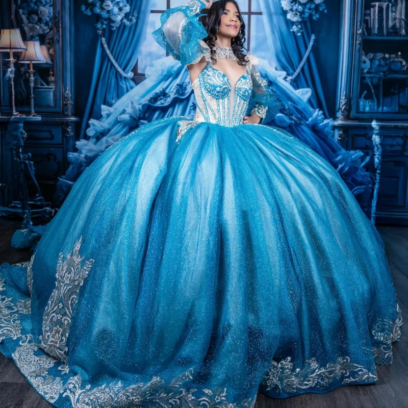 

Light Sea Blue Shiny Quinceanera Dresses Off The Shoulder Applique Lace Beading Tull Puff Sleeve Corset Party Birthday Sweet 16