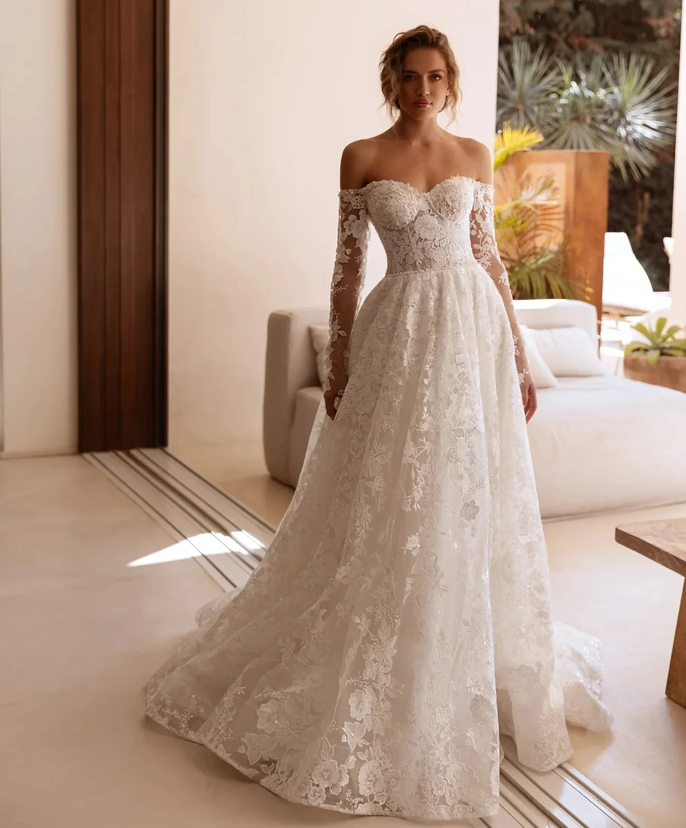 Customzied White Lace Wedding Dresses Long Sleeve Pearls African A-line Bride Dress For Women Off Shoulder vestidos novias