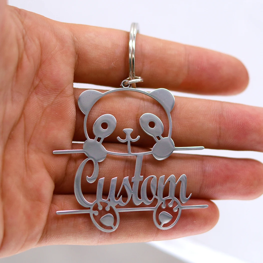 QIAMNI Chinese Cute Giant Panda Personalized Custom Name Key Chain Stainless Steel Nameplate Minimalist Bag Car Pendant Keychain