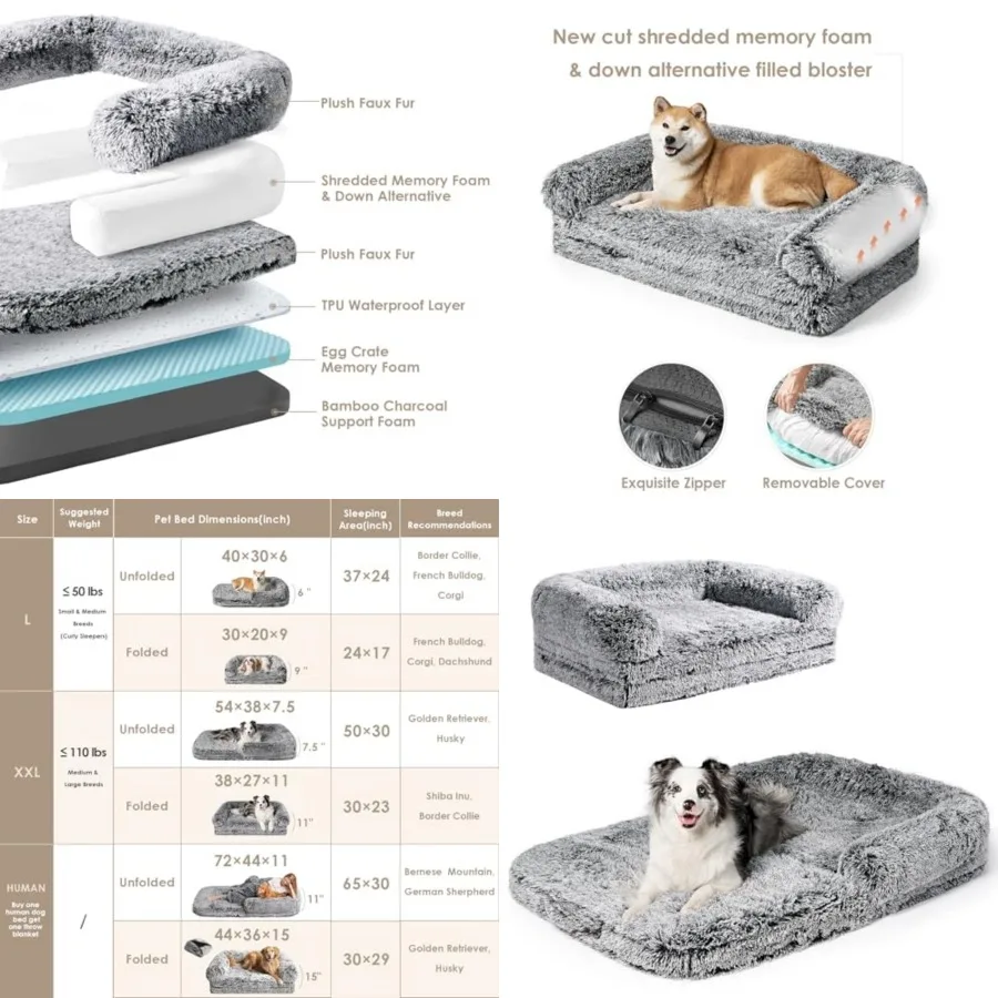 

Foldable XXL Dog Bed for Large Sized Dog, 54"x38"x7.5" Faux Fur Fluffy Pet Couch Bed, Orthopedic Calming Memory Foam Big Pet Be