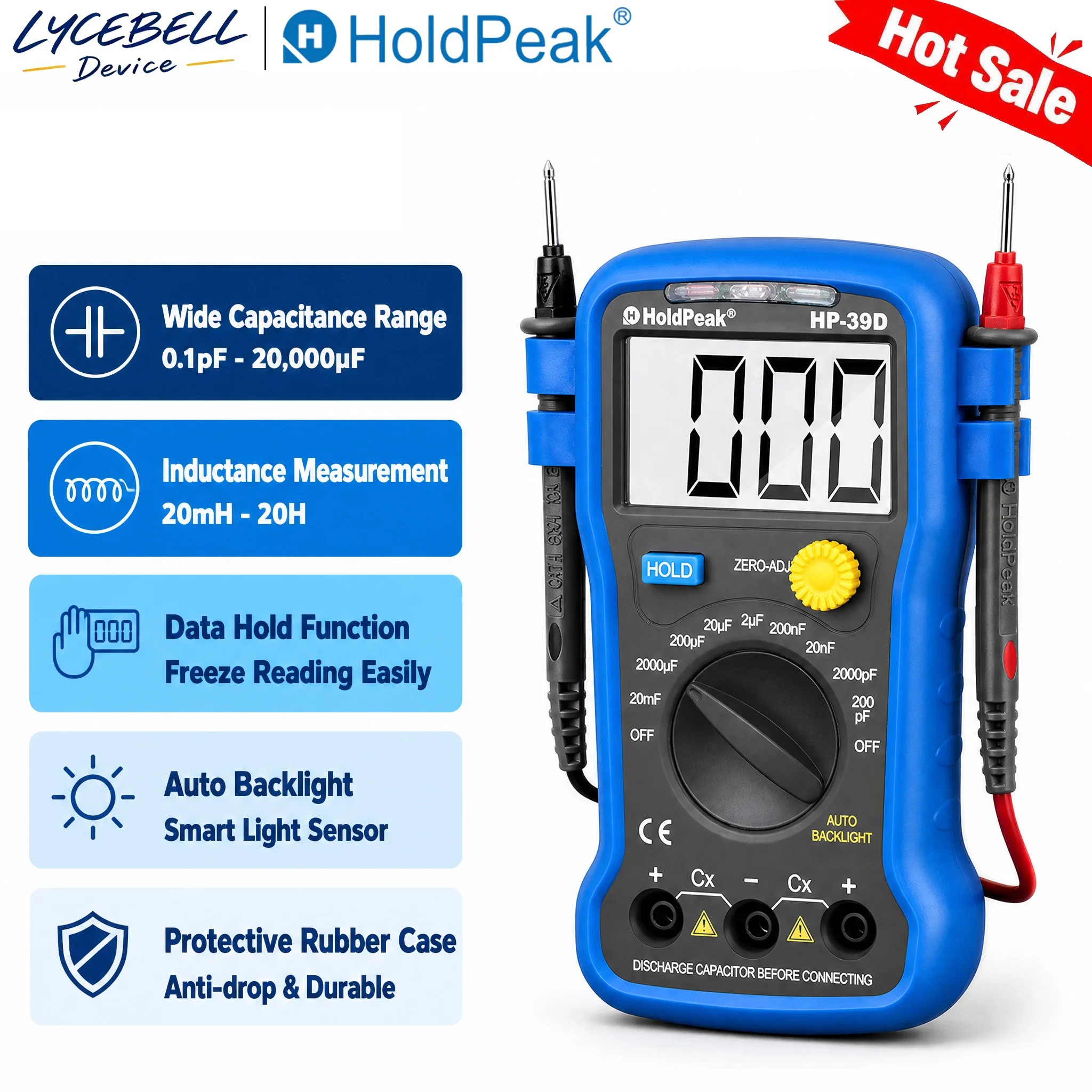 HoldPeak HP-39D Digital Capacitance Meter 0.1pF-20000uF Capacitor Tester LCD Backlight Data Hold Auto Zeroing 9 Ranges Portable