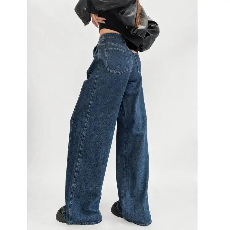 

New Autumn Winter Women's Faion High Waist Straight Leg Pleated Wide Leg Floor Length Jeans Retro Sle Long Pants