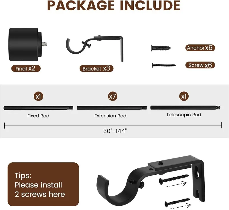 قضيب ستارة أسود غير لامع مقاس 1 بوصة، قابل للتعديل 30-144 بوصة، قضيب طويل جدًا عالي التحمل للنوافذ الكبيرة، عبوة واحدة، تصميم الربط