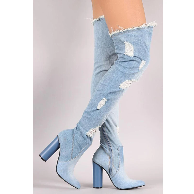 

Sexy Ladies Hoof High Heels Frazzle Denim Thigh High Boots Washable Cowboy Side Zipper Autumn Woman Over Knee Botas Shoes