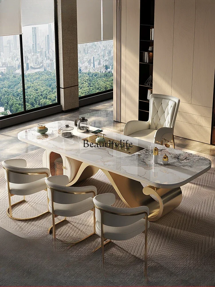 Light luxury rock slab tea table High-end villa Living room Office meeting guests Creative large board Kung Fu tea table