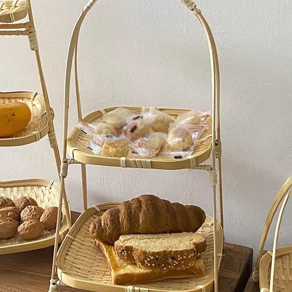 1Pcs New Fruit Food Vegetable Bamboo Woven Basket for Kitchen Multi-function Storage Basket 1/2/3 Layer Handwoven Standing Tray